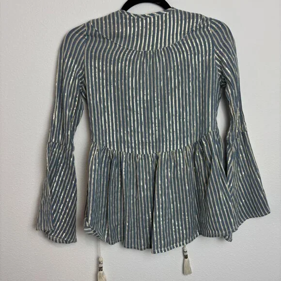 Altar'd State Striped Blue & Gold Metallic Peplum Blouse With Tassels Size S - Picture 5 of 7